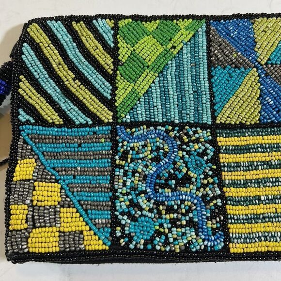 TINTORETTO Women’s Boho Glass Seed Bead Foldover Clutch Black/Blue/Green 6”x 11” - Picture 3 of 15